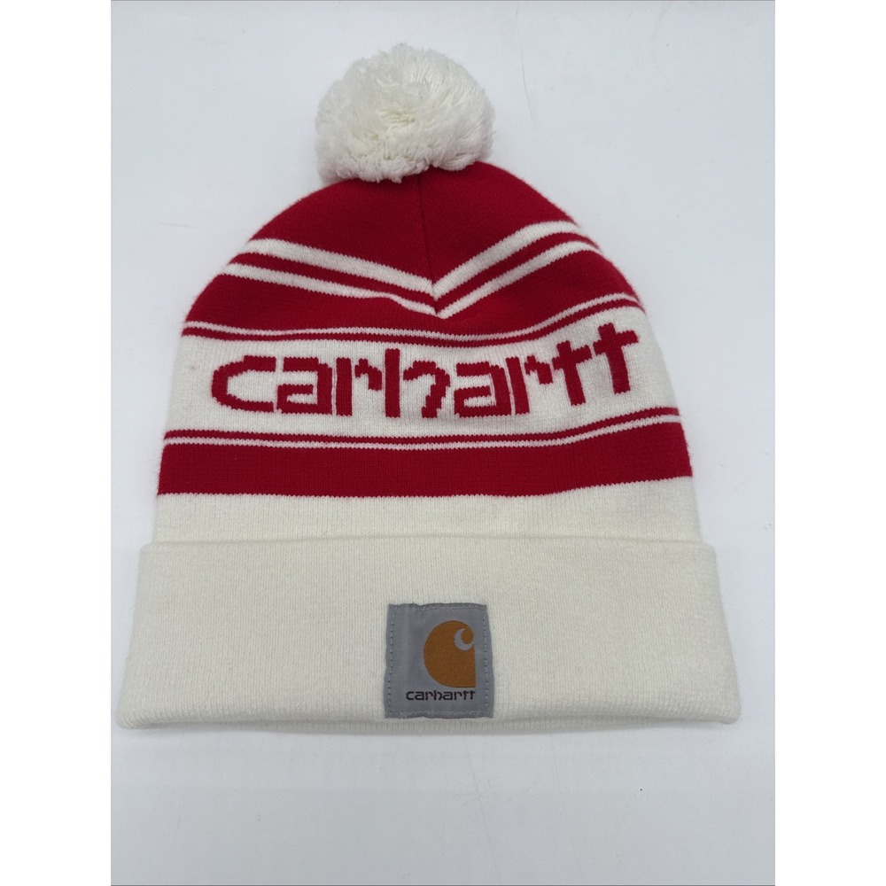 Carhartt Knit PomPom Cuffed Logo Beanie Red & White Stocking Hat New - Picture 6 of 6